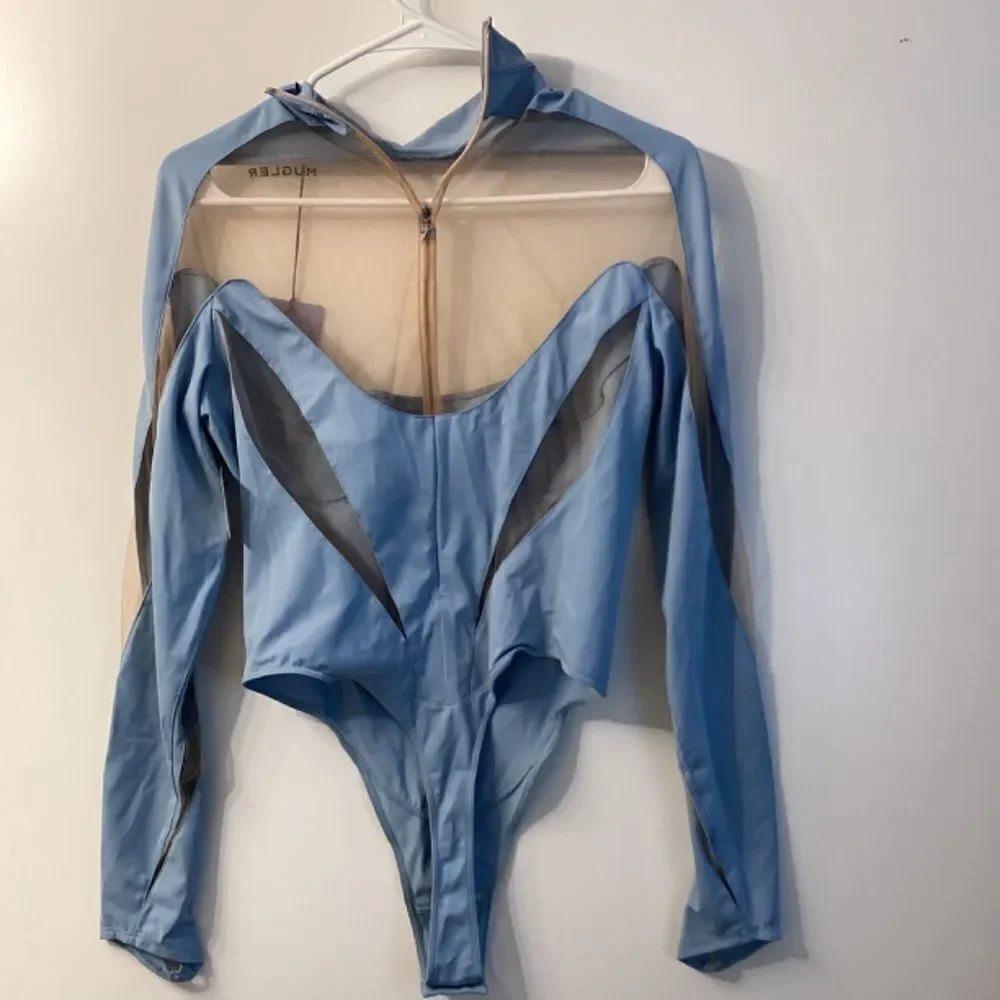 Mugler Illusion Cutout Bodysuit –‎ Light Blue Mesh, Size 8 | NWT